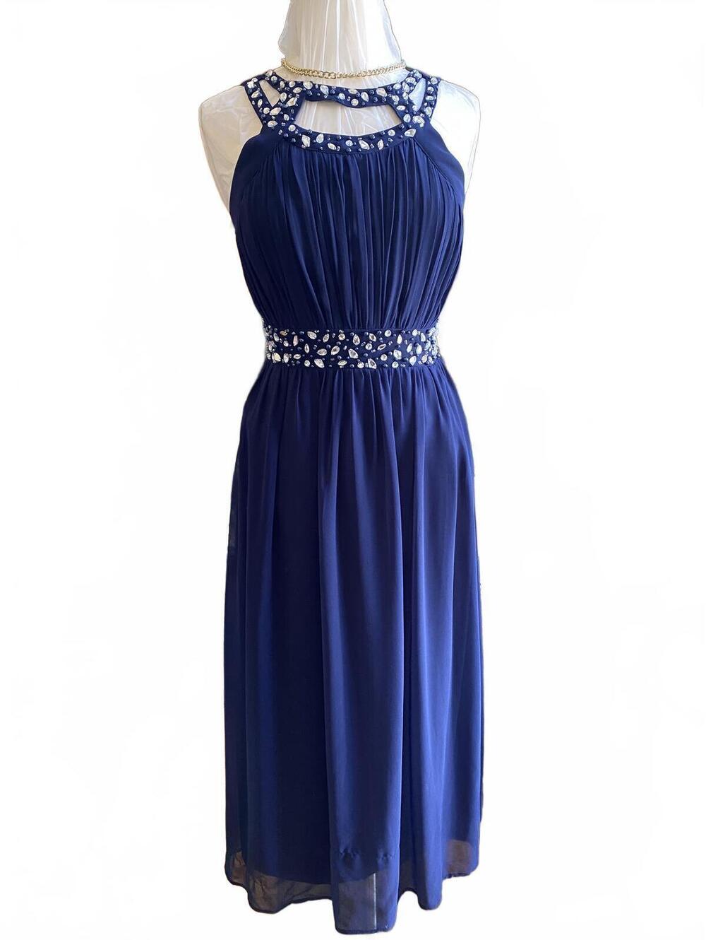 Navy Blue Embellished Halter Neck Midi Dress